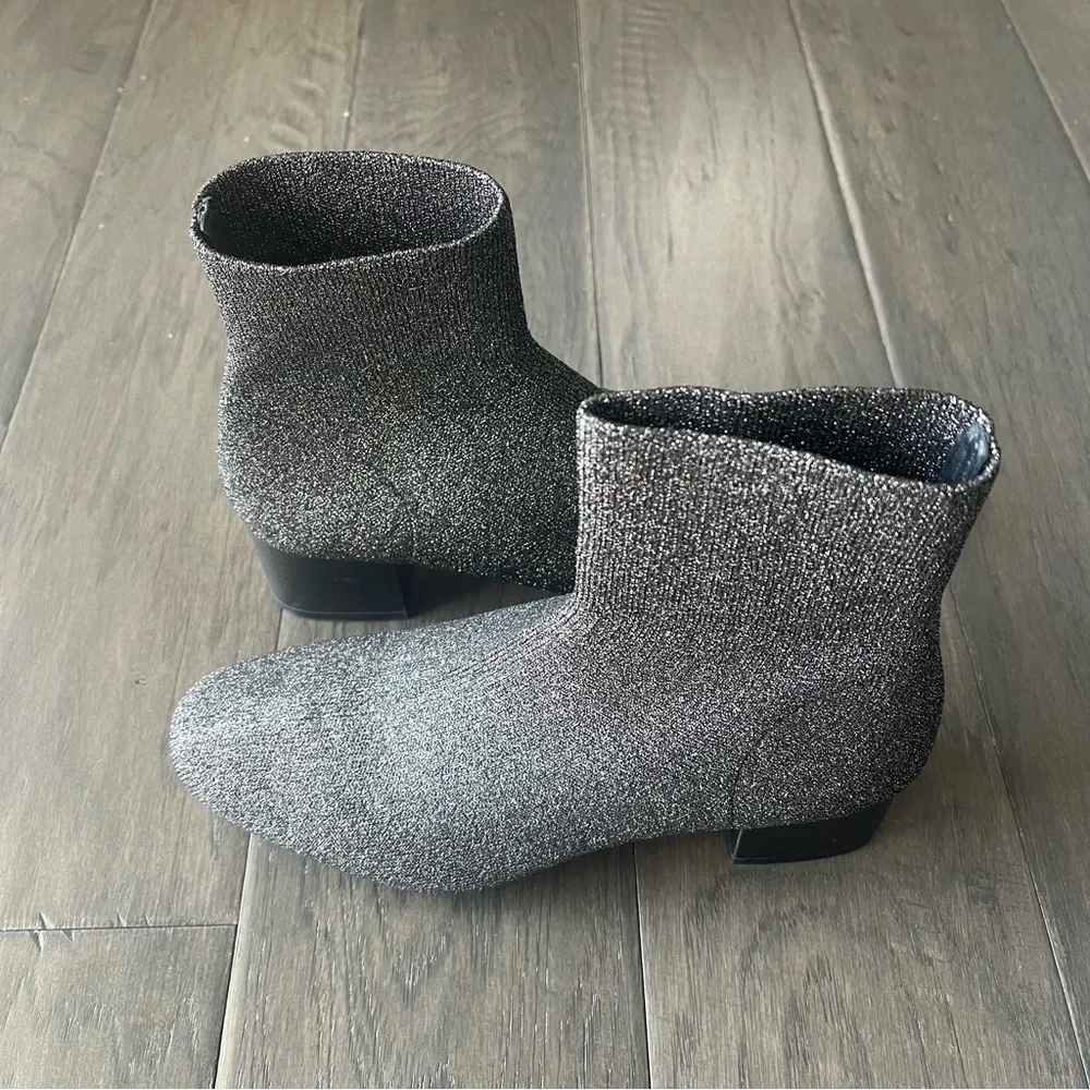 Loeffler Randall Carter Metallic Sock Booties Silver Black 6